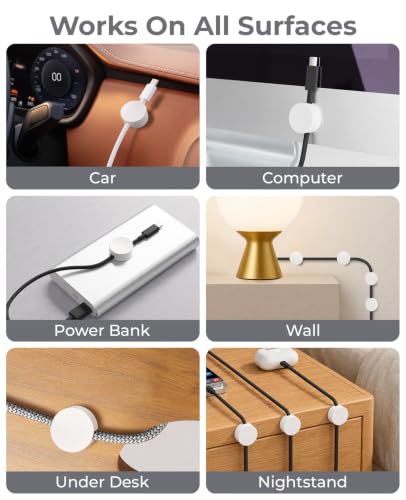 Magnetic Cable Clips White, Cord Organizer Magnet Silicone Cord Management Charging Cable Holder for Metal Desk, File Cabinet, Home and Office, with Extra Adhesive Plates (5 Piece, Large Size) | Fits Larger Cables Up To 0.3" Thick: PC, Computer, Ethernet