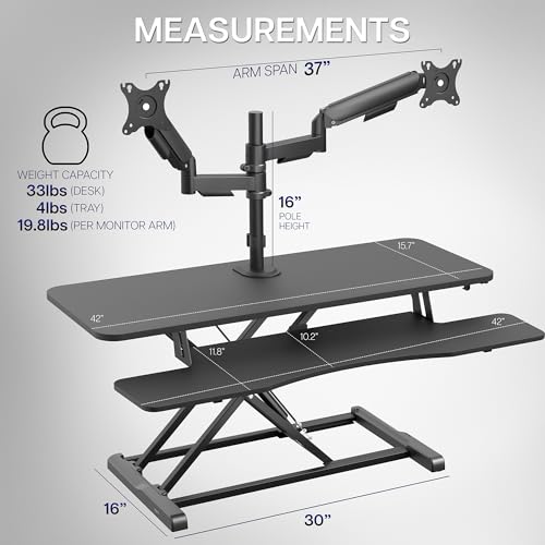 VIVO Black 42 inch Desk Riser with Monitor Mount, DESK-KIT-042K2K | Standing Desk Converter with Dual Monitor Mount for up to 32 inch Screens, Height Adjustable Riser, Mechanical Spring Arms - size: 42"