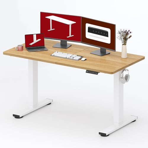 SANODESK 55''x24'' Height Adjustable Electric Standing Desk for Home Office | Sit Stand Desk with Splice Board for Home Office, Ergonomic Computer Workstation, Study & Gaming, White Frame/Maple Top - color: White Frame+ Maple Top, size: 55x24