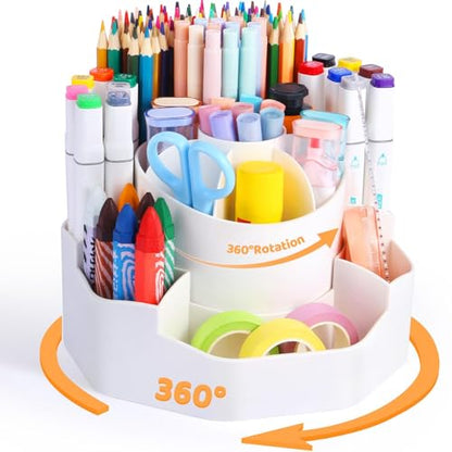 Rotating Desk Pen Organizer, 13 Storage Slots, Large Capacity Pen & Marker Holder, Multifunctional Desktop Organizer for Stationery, Cosmetics, and Kitchen (White)