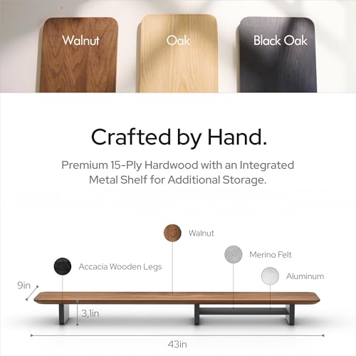 KIVY Dual Monitor Riser with Integrated Metal Shelf - Wooden desk shelf