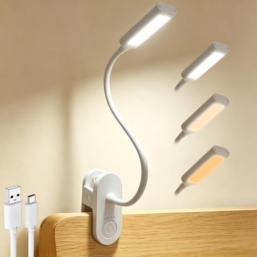Clip on Light, Desk Lamp with Clamp for Bed, Home Office, Craft (White) | Cordless LED Reading Light with 3500mAh Rechargeable Battery, 3 Color Modes, 10 Brightness Levels, 14-inch Adjustable Neck - color: White