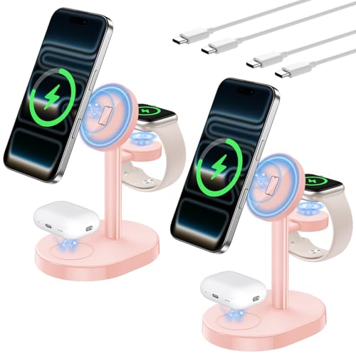 2 Pack Hevanto 2026 3 in 1 Wireless Charging Station for Apple MagSafe Charger, 15W Fast Magnetic Mag-Safe Charger Stand for iPhone 17 16 15 14 13 12 iWatch AirPods (Adaptor Not Included) - color: 2Pack_MagPink, size: 15W