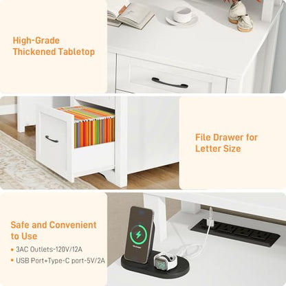 Vabches 47" Farmhouse Executive Desk with 3 Drawers and LED Lights, White - color: White, size: 3 Drawers & Monitor Stand