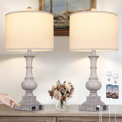 26" Farmhouse Table Lamps Set of 2, Rustic Touch Control Bedside Lamps with 2 USB Ports & AC Outlet, Vintage Resin 3-Way Dimmable Nightstand Lamp Linen Fabric Shade for Living Room Bedroom Decor Gray - color: Retro Gray
