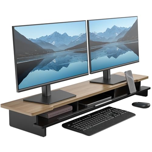 42.5” Dual Monitor Stand Desk Shelf with Phone Tablet Holder - color: Black, size: 42.5 inch