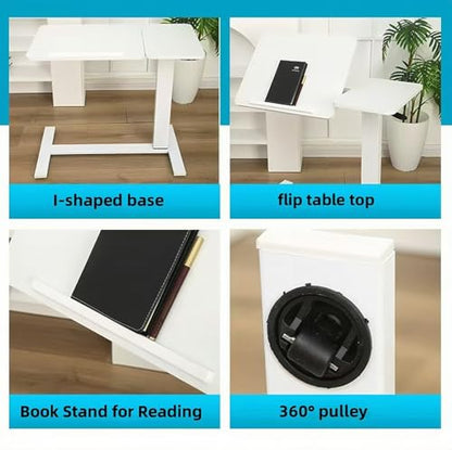 Height Adjustable Overbed Table with Wheels Mobile Rolling Bedside Desk, Tilting Laptop Stand & Tray Table for Bed, Sofa and Hospital Use(White+Tilting) - color: White+tilting