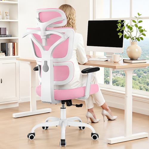 Ergonomic Office Chair High Back Desk Chair with Lumbar Support, Breathable Mesh Computer Chair with Adjustable Armrests Height, Reclining Swivel Big and Tall Gaming Chair for Home Office(Pink) - color: Pink