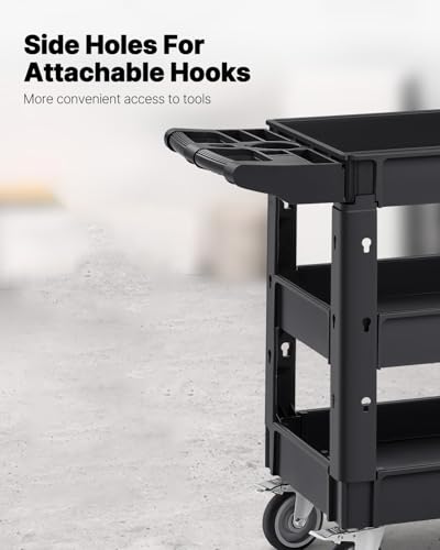 VEVOR Utility Cart, 3-Tier Plastic Service Cart with 550LBS Capacity, 360° Swivel Casters (Including 2 Locking Wheels), Medium Lipped Shelves, Ergonomic Handle, for Garage, Warehouse, Cleaning Tasks