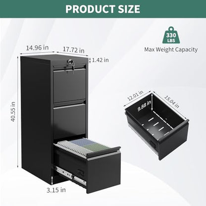 File Cabinet 2-Drawer Lateral with Lock, Metal Office Filing Cabinet for Letter/Legal/a4, Heavy Duty Storage Organizer, Full Extension Drawers, Anti-Tip Safety, Black, Home Office Organization - size: 3-Drawer