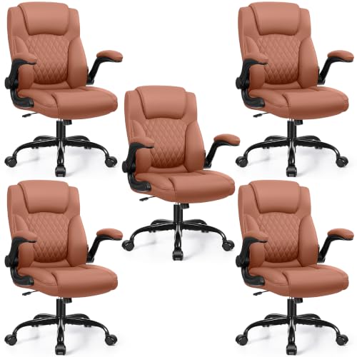 Leather Office Chair, PU Home Computer Desk Chairs with Ergonomic Back Support, 360°Swivel Free，Small Gaming Chair with Wheels and Adjustable Armrests, for Short People Use - color: Brown, size: 5 Pack