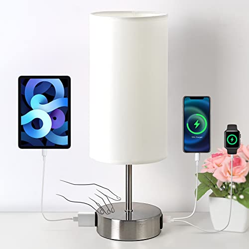 Yarra-Decor Bedside Lamp with USB A+C Charging Ports & AC Outlet Touch Control Table Lamp for Bedroom 3 Way Dimmable Nightstand Lamp with Round Shade for Home Office, Dorm(Bulb Included) - color: White