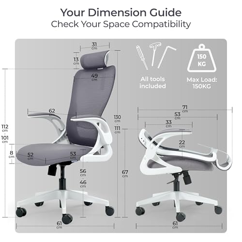 Tervo Model U - Folding Office Chair - Ergonomic Design for Small Spaces - color: H- White & Grey