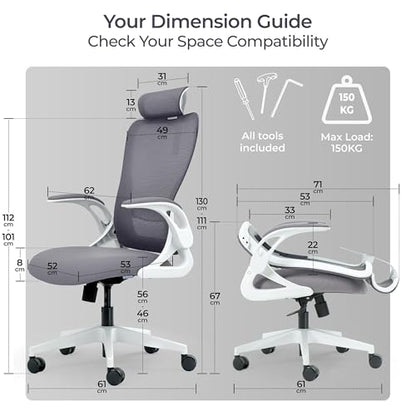 Tervo Model U - Folding Office Chair - Ergonomic Design for Small Spaces - color: H- White & Grey