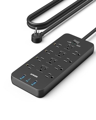 Anker Power Strip with 2100J Surge Protector, Outlet Extender, 10ft Extension Cord with Multiple Outlets, 12 AC, 2 USB A,1 USB C Port for 20W, Home Office, Dorm Room Essentials, TUV Listed - color: Black, size: 10 FT