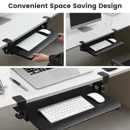 Keyboard Tray Under Desk, Slide Out Computer Keyboard & Mouse Tray with C Clamp-on Mount Easy to Install,24" W（Including Clamps） X 12"D Small Size,Black