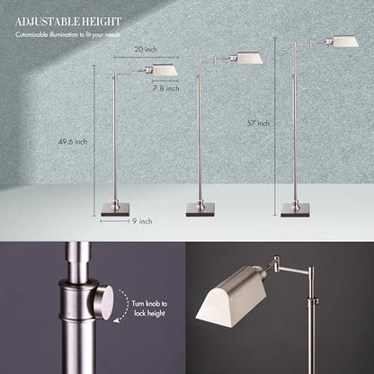 O’Bright Arcadia - Pharmacy Floor Lamp, Full Range Dimming, Swing Arm Task Lamp, E26 Socket, Bulb Replaceable, Adjustable Height 47” to 55”, 360° Rotatable Shade, All-Metal Design, Brushed Nickel - color: Brushed Nickel