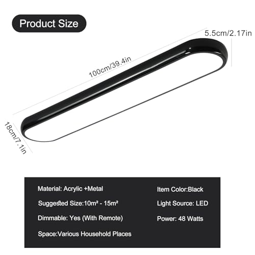 Qcyuui Modern LED Ceiling Light,Dimmable Semi Flush Mount Ceiling Light,39.4 in Long Ceiling Light Fixture,Kitchen Lighting Fixtures Ceiling for Office Bedroom Hallway(Black/48W/3000-6500K) - color: Black/Dimm/48W/39.4IN/3000-6500K, size: 39.4in