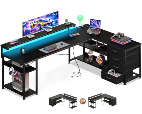 AODK 69" L Shaped Computer Desk with 4 Drawers, LED Lights, Black - color: Black, size: 69 inches