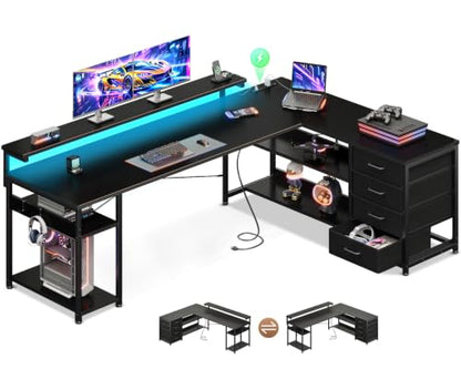 AODK 69" L Shaped Computer Desk with 4 Drawers, LED Lights, Black - color: Black, size: 69 inches