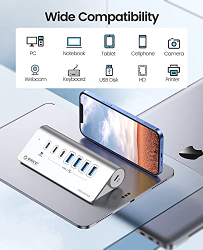 ORICO 7-Port USB 3.2 Gen2 Hub, Powered USB 3.2 Hub with 4 USB-A, 2 USB-C, PD 60W, 72W Power Adapter, 10Gbps Aluminium USB-Splitter with 1.64Ft USB-C to USB-A/C Cable for iMac, MacBooks, Mac mini - size: 50cm, style: M3U4C3