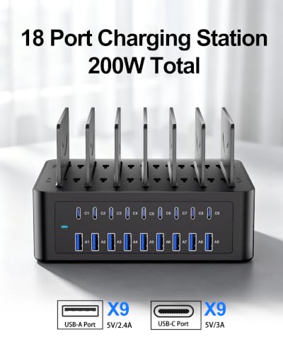 200W/40A Charging Station for Multiple Devices, 18 Port USB C Fast Charger