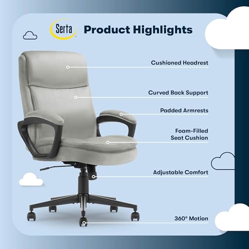 Serta Executive Office Chair with Lumbar Support, Fixed Arms Leather Chair - color: Gray Velvet Fabric