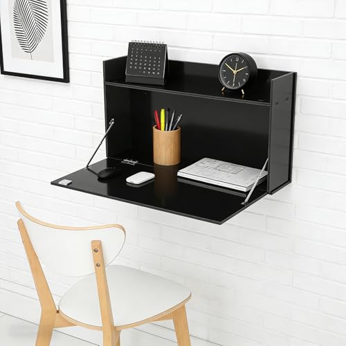Wall Mounted Desk, Wall Desk Fold Down for Small Spaces, Floating Writing Table Hideaway Storage with Drawer & Shelves, for Office Home Kitchen (Black, 29.9 * 5.9 * 15.7in)