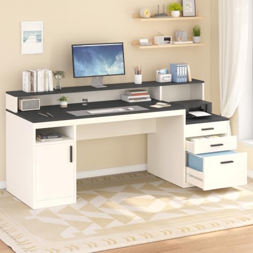 YOMILUVE 65" Computer Desk with 3 Drawers & Printer Shelf for Home Office - color: Black & White