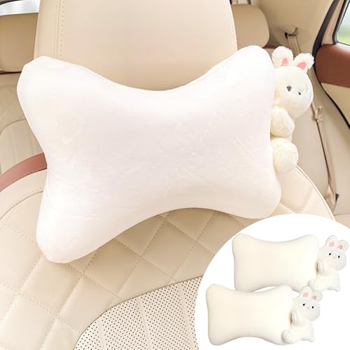 Car Headrest Pillow 2PCS Plush Bear ＆ Bunny Car Seat Headrest Pillow - Memory Foam Neck Support Cushions for Comfortable Driving, Easy Install & Washable (White Rabbit) - color: White Rabbit
