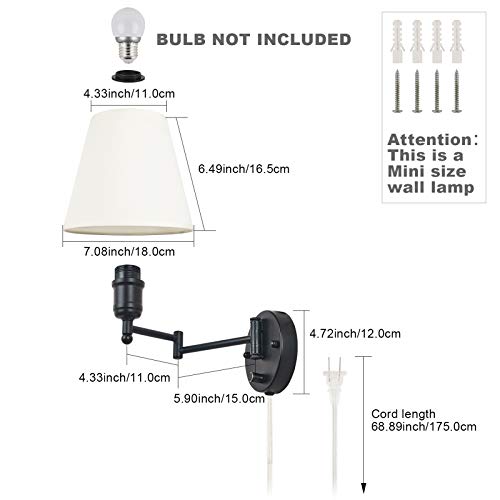 Swing Arm Wall Lamp Plug in Wall Mount Opaque Ivory Linen Shade 40W 2-Way Cord Covers(1 Light)