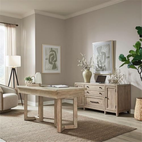 Pemberly Row 2-Piece Writing Desk and Credenza Set, Rubberwood and Birch Veneer, Barley Buff Finish, Transitional Home Office Furniture with Storage Drawer, File Drawer, Adjustable Shelves