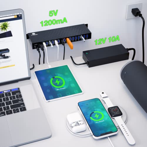 USB 3 0 Hub - 16 Ports Powered USB Hub - Desktop USB Expander Hub - up to 5Gbps High-Speed USB Splitter for Multiple Devices - Aluminum Alloy Multiple USB Hub w/AC Adapter for Laptop Phone Tablet PC