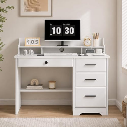 White Desk with Drawers, Small Desk with File Drawer and Monitor Stand - color: White
