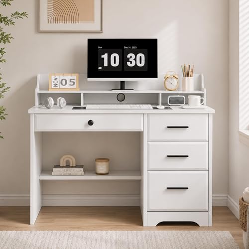 White Desk with Drawers, Small Desk with File Drawer and Monitor Stand - color: White