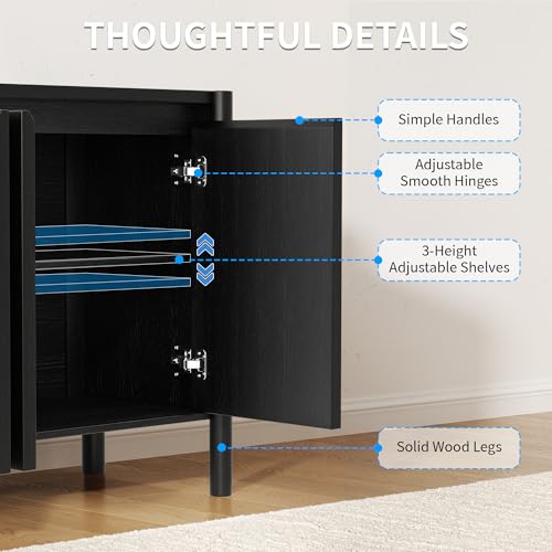59 Inch Black Buffet Cabinet, Mid Century Wood Sideboard Storage - color: Black