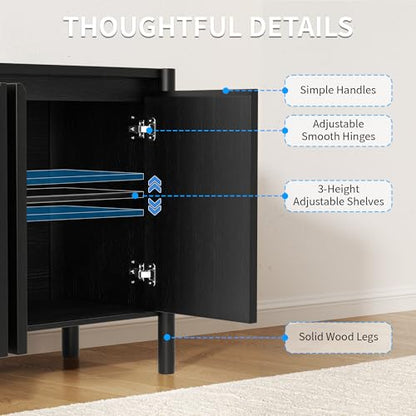 59 Inch Black Buffet Cabinet, Mid Century Wood Sideboard Storage - color: Black