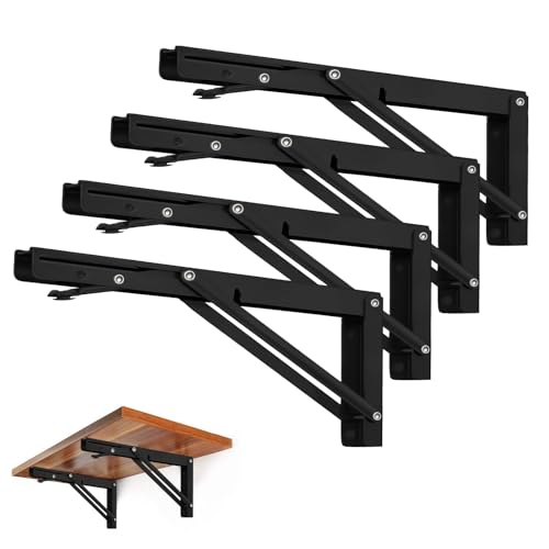 Storystore Folding Shelf Brackets - 14 Inch Heavy Duty Metal Collapsible Shelf Bracket for Bench Table, Shelf Hinge Wall Mounted Space Saving DIY Bracket, Max Load: 150 lb (4 PCS, Black) - size: 14 Inch 4 PCS
