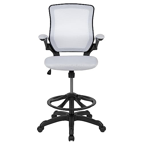 EMMA + OLIVER Mid-Back White Mesh Drafting Chair - color: White