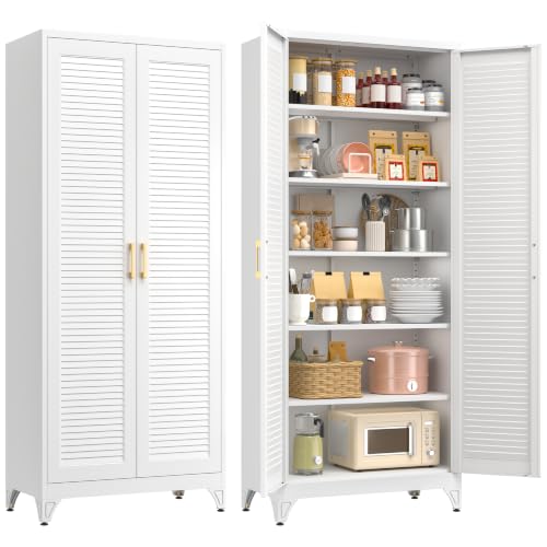 Polup 75" Pantry Cabinet, Tall Metal Storage Cabinet with Doors and Shelves | White Kitchen Cabinet, 5 Adjustable Shelving, Heavy-Duty Steel, Louvered Doors, Gold Handles, for Garage Office & Laundry - color: White, size: 75"H - Louvered Door