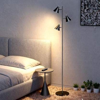 Black Floor Lamp for Office and Living Room, with 3 Rotatable LED Lights, Magnetic Remote, 5 Color Temp - color: Black