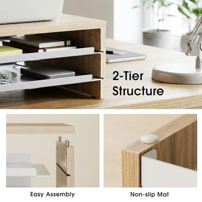 Fenge 14.3-Inch Monitor Stand with Slide-Out Trays, Wood & Metal Desk Shelf - color: Oak