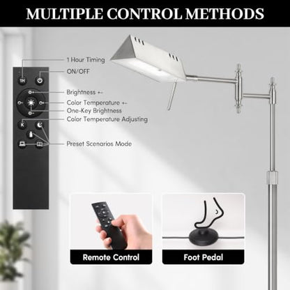 Bairth Brushed Nickel Reading Floor Lamp,Rotatable Pharmacy Standing Lamp | 90°Rotatable Lamp Head 3 Color Temperature, Dimmable, 17W LED, Height Adjustable, 360°Swing Arm, Living Room, Bedroom, Craft - color: Brushed Nickel Upgraded