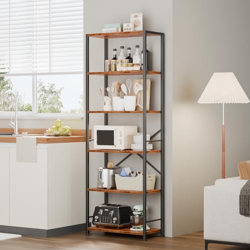 Furologee 6 Tier Book Shelf, Tall Wide Bookshelf, Industrial Open Bookcase, Display Shelves Storage Organizer, Shelving Unit for Living Room, Home Office, Bedroom, Rustic Brown | 20'' Wide Industrial Storage Shelves with X Crossbar, Shelving Units for Bed