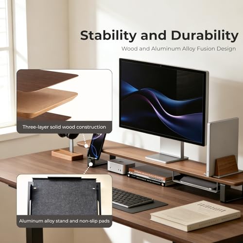 muso wood Dual Monitor Stand with Storage Shelf, 45 Inch Wooden Monitor Riser for 2 Monitors, Walnut Desk Shelf for Computer, Laptop, Screen, TV, Printer