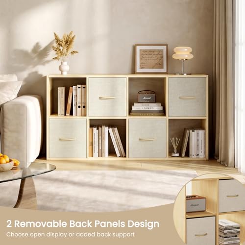 EXPERLAM 8 Cube Storage Organizer - Solid Wood Bookshelf with 4 Storage Bins, Cube Shelf with 2 Removable Back Panels, Vertical or Horizontal Bookcase, Open Book Shelf for Bedroom, Living Room, Office - size: 8 Cube Shelf