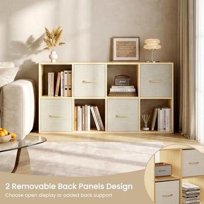 EXPERLAM 8 Cube Storage Organizer - Solid Wood Bookshelf with 4 Storage Bins, Cube Shelf with 2 Removable Back Panels, Vertical or Horizontal Bookcase, Open Book Shelf for Bedroom, Living Room, Office - size: 8 Cube Shelf