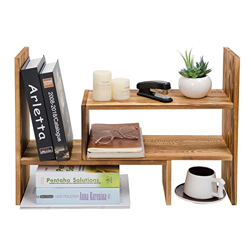 Adjustable Extendable Natural Wood Desktop Organizer Caddy Desk Organizer Countertop Shelf Bookcase Display Stand Rack Expandable Storage Office Home (Dark Brown)