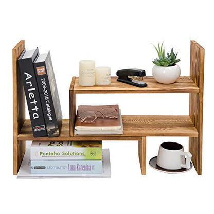 Adjustable Extendable Natural Wood Desktop Organizer Caddy Desk Organizer Countertop Shelf Bookcase Display Stand Rack Expandable Storage Office Home (Dark Brown)