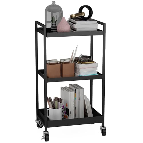 3-Tier Metal Cart with Wheels, Three Tier Rolling Cart,Utility Cart on Wheels Suitable for Office, Bathroom, Kitchen - Black (12.1" D x 17.7" W x 31.2" H - color: Black
